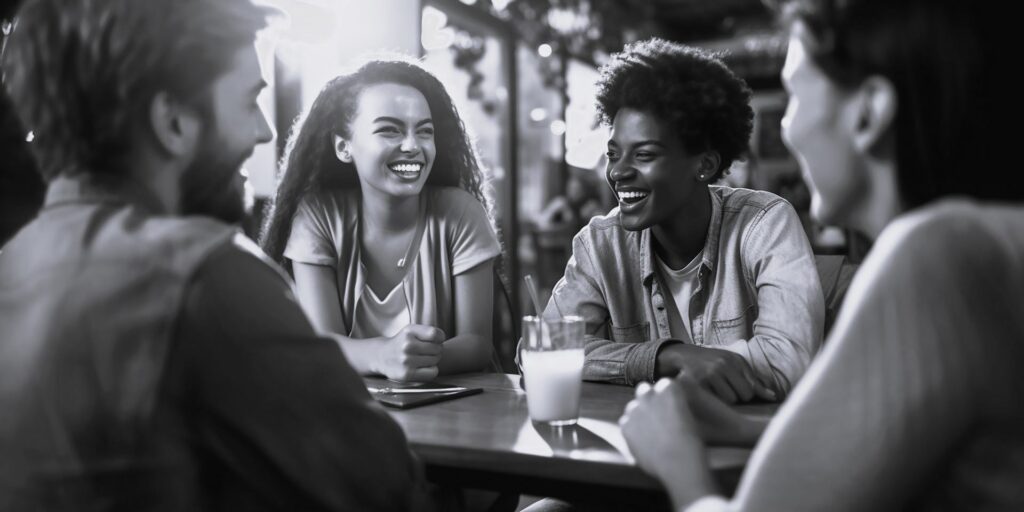 young people socializing bw